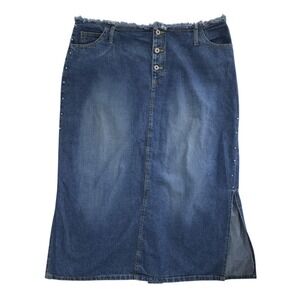 Y2K Details Studded Blue Denim Midi Skirt Plus Size 40 Waist 20W Side Slits